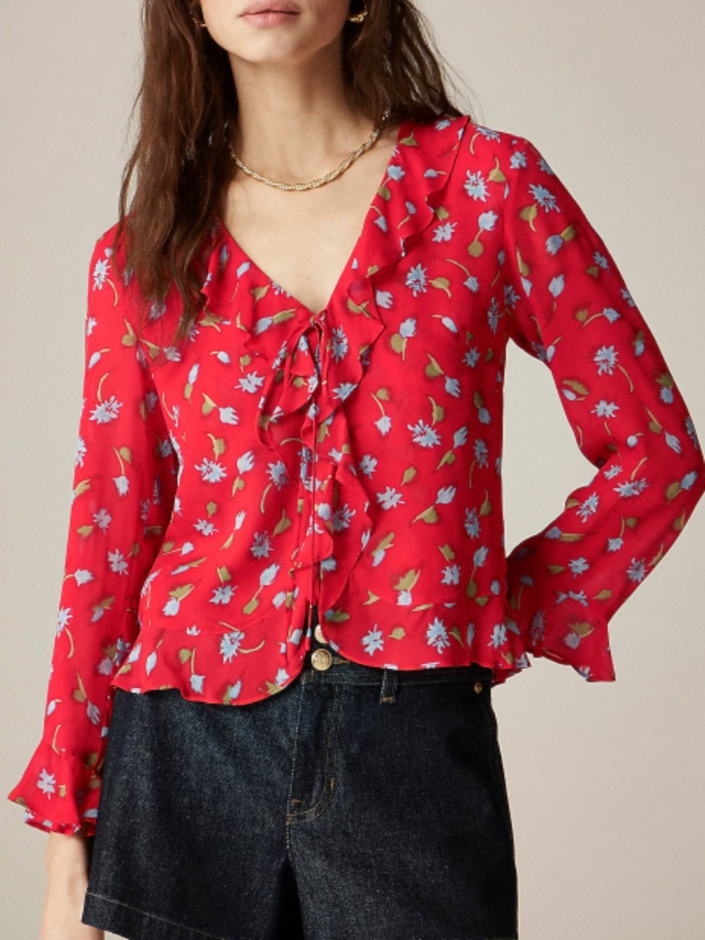 J. Crew Red Floral Ruffle Tie-Front Chiffon Blouse